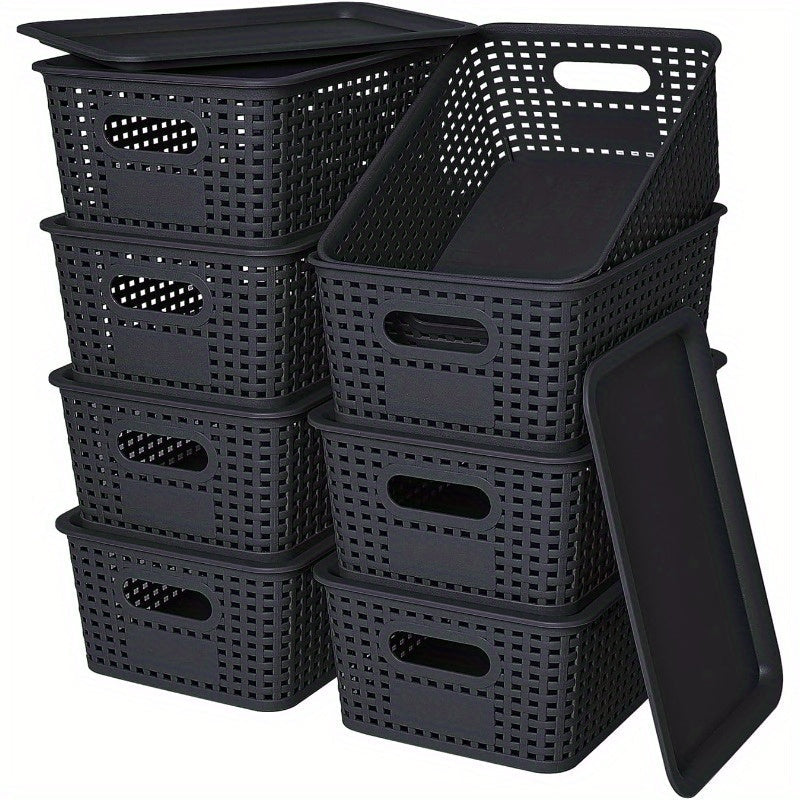 Storage Organizer Bins with Lids 4/8 Pack | Space-Saving Stackable Boxes 10"x7"x4" for Shelves, Closet & Desk - Declutter Bins for Dorm, Playroom & Office with File Organizer Bag, White Black Gray Red