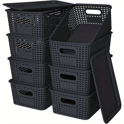 Storage Organizer Bins with Lids 4/8 Pack | Space-Saving Stackable Boxes 10"x7"x4" for Shelves, Closet & Desk - Declutter Bins for Dorm, Playroom & Office with File Organizer Bag, White Black Gray Red