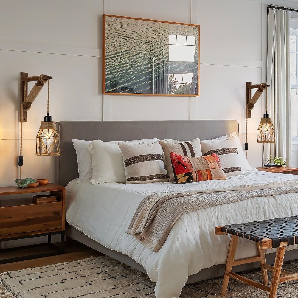 Plug-In Cage Wall Sconce with Wooden Bracket, 250 cm Cord and Single or Two-Piece Farmhouse Options