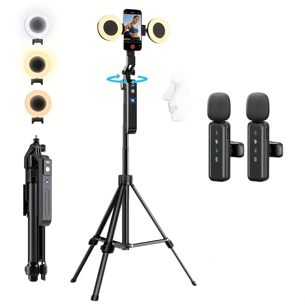 AI Face Tracking Vlogging Kit All-in-One with 70.9 Inch Tripod, LED Fill Light & Microphone – 360° Auto Tracking Content Creator Bundle for TikTok YouTube Instagram, iPhone & Android Compatible
