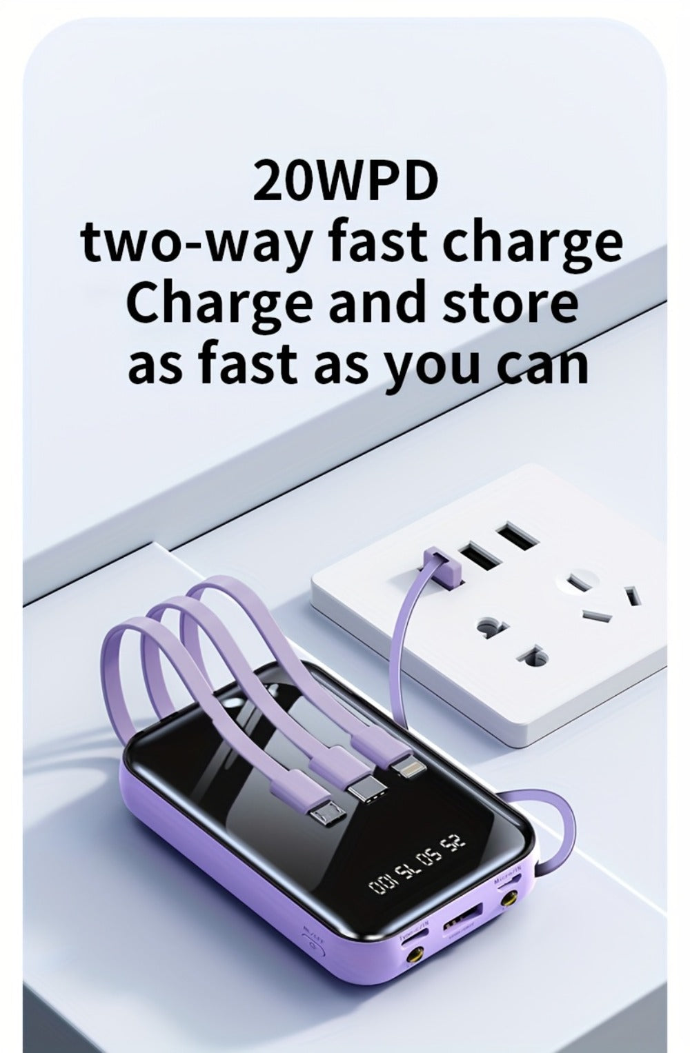 Power Bank 50000mAh 22.5W with Four Built-In Cables, Digital Display and LED Flashlight in Black or Purple