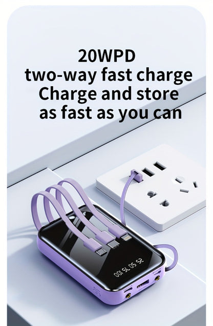 Power Bank 50000mAh 22.5W with Four Built-In Cables, Digital Display and LED Flashlight in Black or Purple