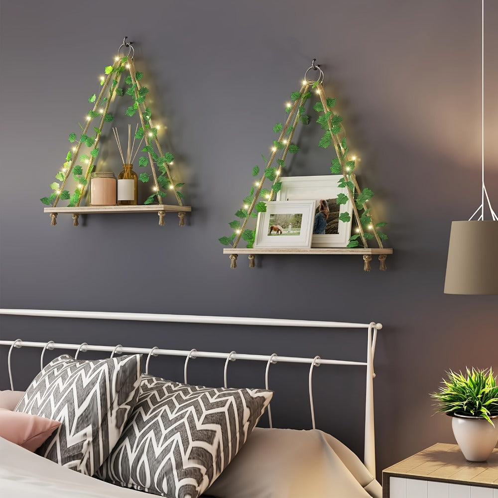 Hanging Wall Shelf Set with Macrame-Style Ropes, Artificial Ivy, LED Light Strands and 2- to 4-Piece Options