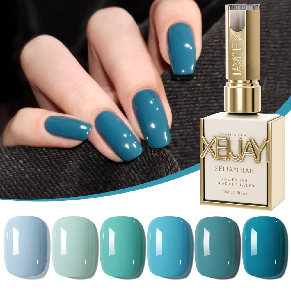 Gel Nail Polish Set with XEIJAYI Label, 6 Peacock Sky Sapphire and Navy Blue Colors for UV LED Cure