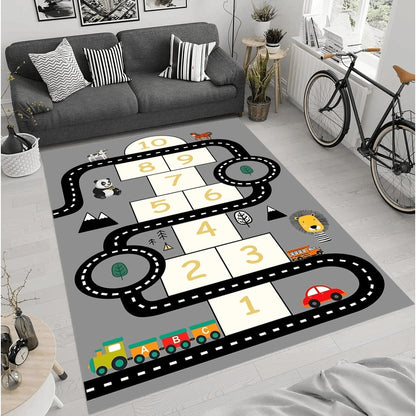 Area Rug 4x6 Kids Race Track, Hopscotch and Train Play Design with Washable Digital Print Surface