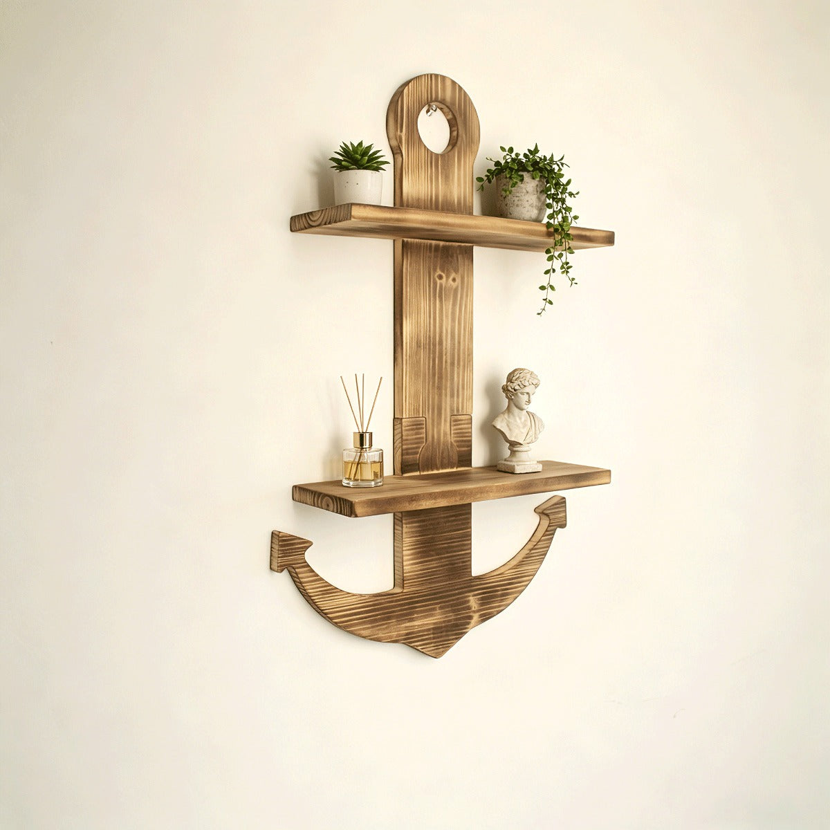 Floating Wall Shelves Solid Wood 2-Tier Nautical Anchor Shelf Handcrafted Heavy Duty Wall Mounted Organizer for Bedroom Living Room Bathroom Lake House