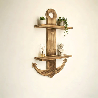 Floating Wall Shelves Solid Wood 2-Tier Nautical Anchor Shelf Handcrafted Heavy Duty Wall Mounted Organizer for Bedroom Living Room Bathroom Lake House