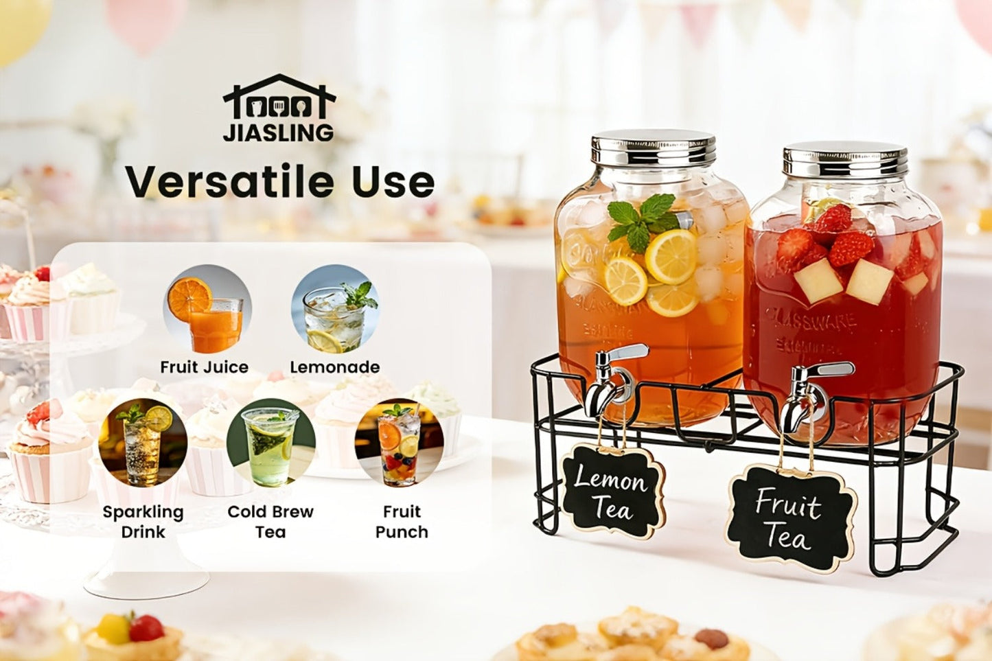 Two 1-Gallon Glass Beverage Dispensers with Spigots and Raised Metal Stand for Parties and Events