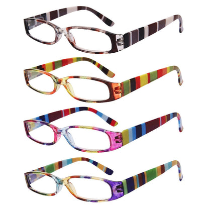 Reading Glasses 4-Pack Retro Rectangle Spring Hinge Multi-Strength for Men and Women – 1.0x to 4.0x Magnification Colorful Printed Frames Eyeglasses Set