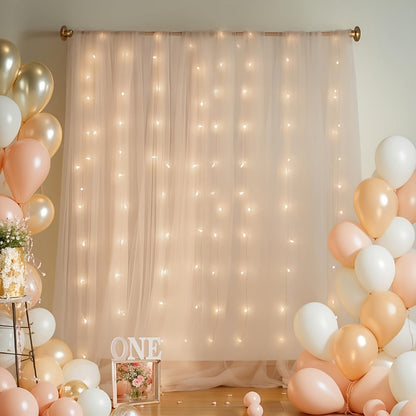 Champagne Tulle Photography Backdrop Set with Two Curtain Panels, USB String Lights and Ten Hooks