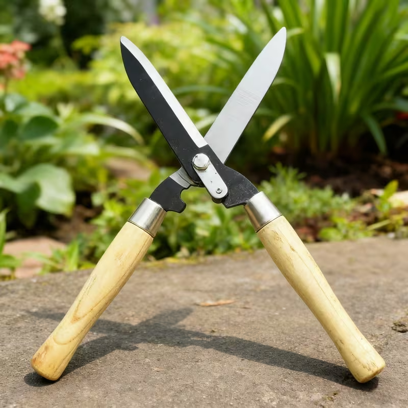 Carbon Steel Hedge Shears with 11-Inch Straight Blades and Paired Walnut Handles for Shrub Trimming