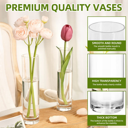 Fifteen-Piece Clear Glass Cylinder Vase Set with 7.5-Inch Height, 1.7-Inch Diameter and Stable Round Base
