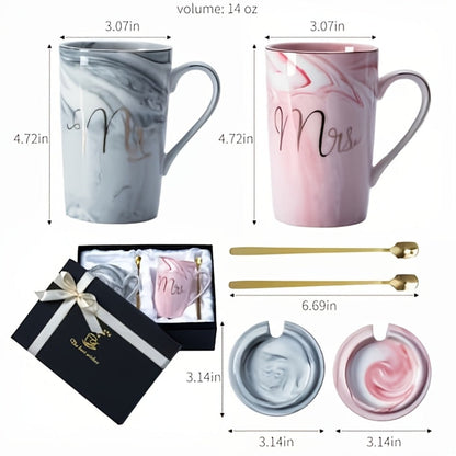 Mr and Mrs Mug Gift Set with Two 14 oz Grey and Pink Cups, Matching Spoons and Presentation Box