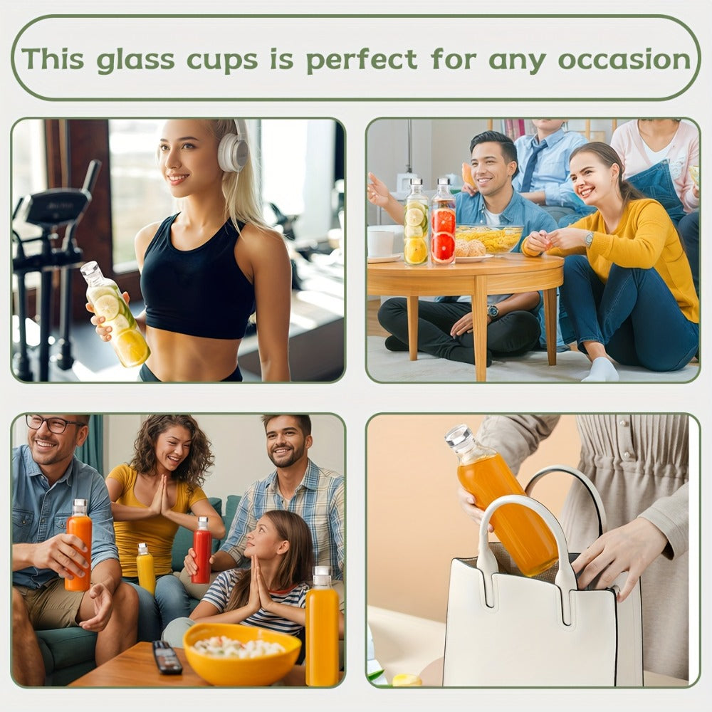 Glass Water Bottle Set, Six 18 oz Clear Bottles with Lids, Protective Sleeves and Cleaning Brush