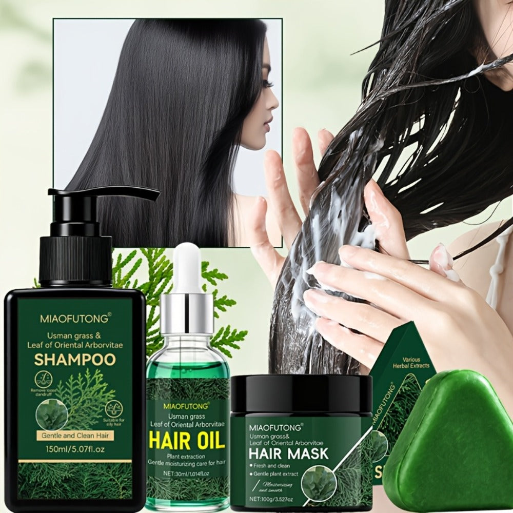 Four-Piece Usman Grass Hair Care Kit with 120g Shampoo Bar, Oil and Mask Container Formats