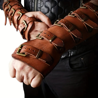 Embossed Fantasy Arm Bracer Pair in Brown with Buckle Straps for Medieval and Archer Costumes