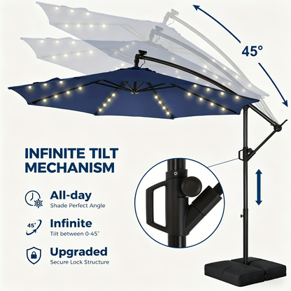 Solar Patio Umbrella 10FT Offset Cantilever LED Lights UPF50+ UV
