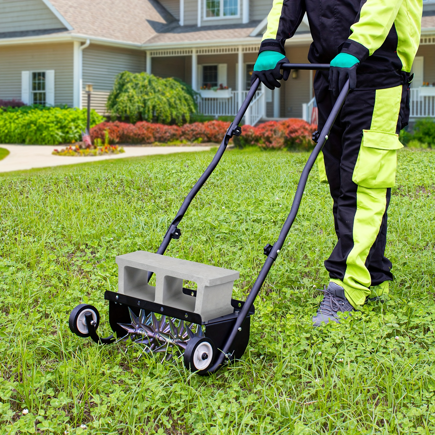 Rolling Lawn Aerator Push Spike 16.5" Heavy Duty with 5-Star Steel Tines, Weight Tray & Steel Handle for Deep Soil Aeration, Lawn Garden Yard Grass Care