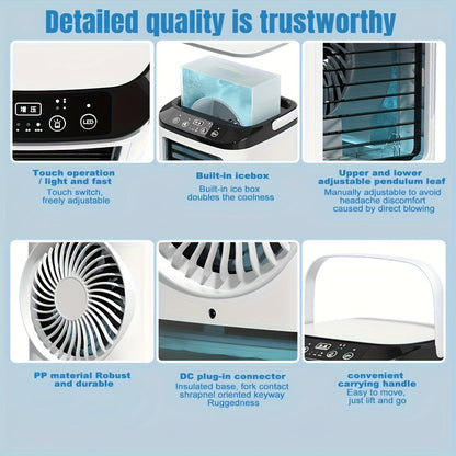 Portable Air Cooler Fan USB Humidifier with Rainbow Ambient Light, 3-Speed Atomization Misting Fan with Large Ice Box and Low Noise, Personal Desktop Cooling Fan Gift for Home, Office and Bedroom
