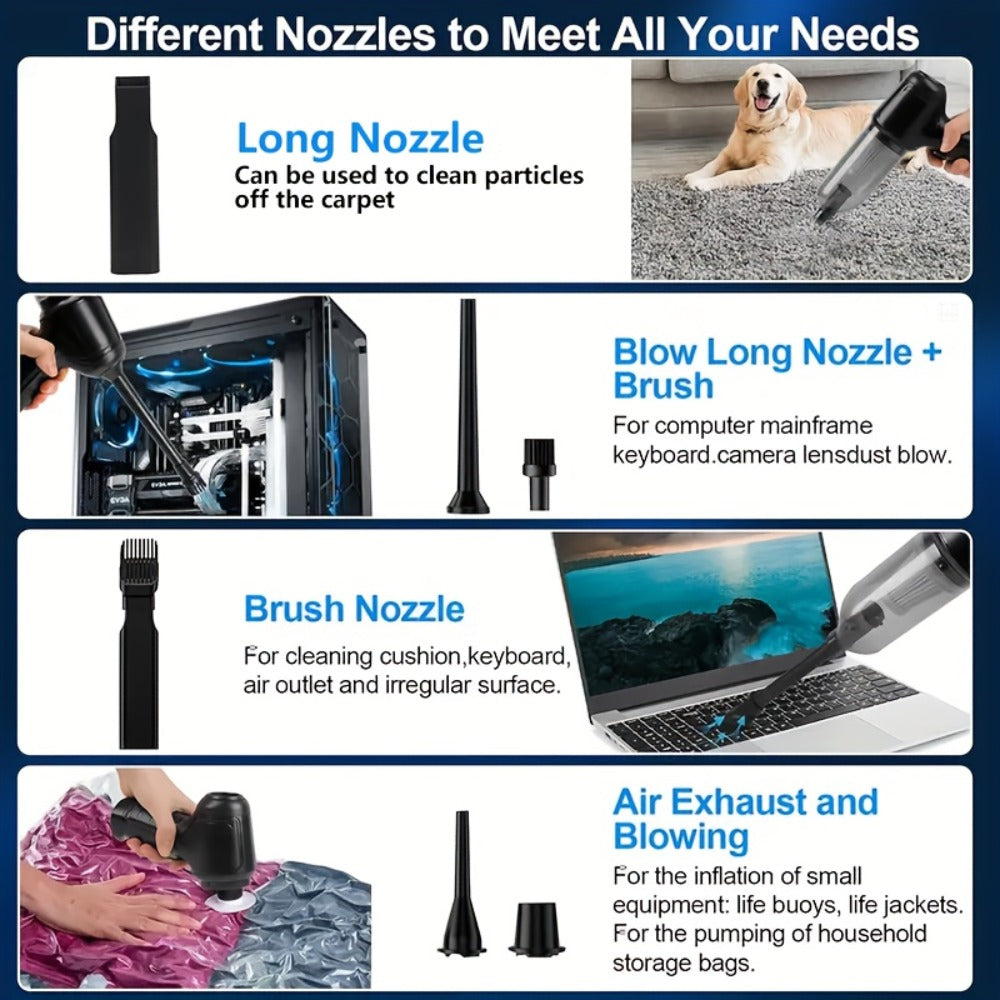 Handheld Vacuum Cleaner 3-in-1 with Suction, Blowing and Air Extraction Modes in Three Colors