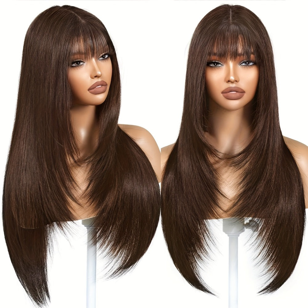 Long Straight Synthetic Lace-Front Wig with Curtain Bangs and Five 26-Inch Solid or Gradient Color Options