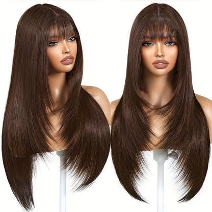 Long Straight Synthetic Lace-Front Wig with Curtain Bangs and Five 26-Inch Solid or Gradient Color Options