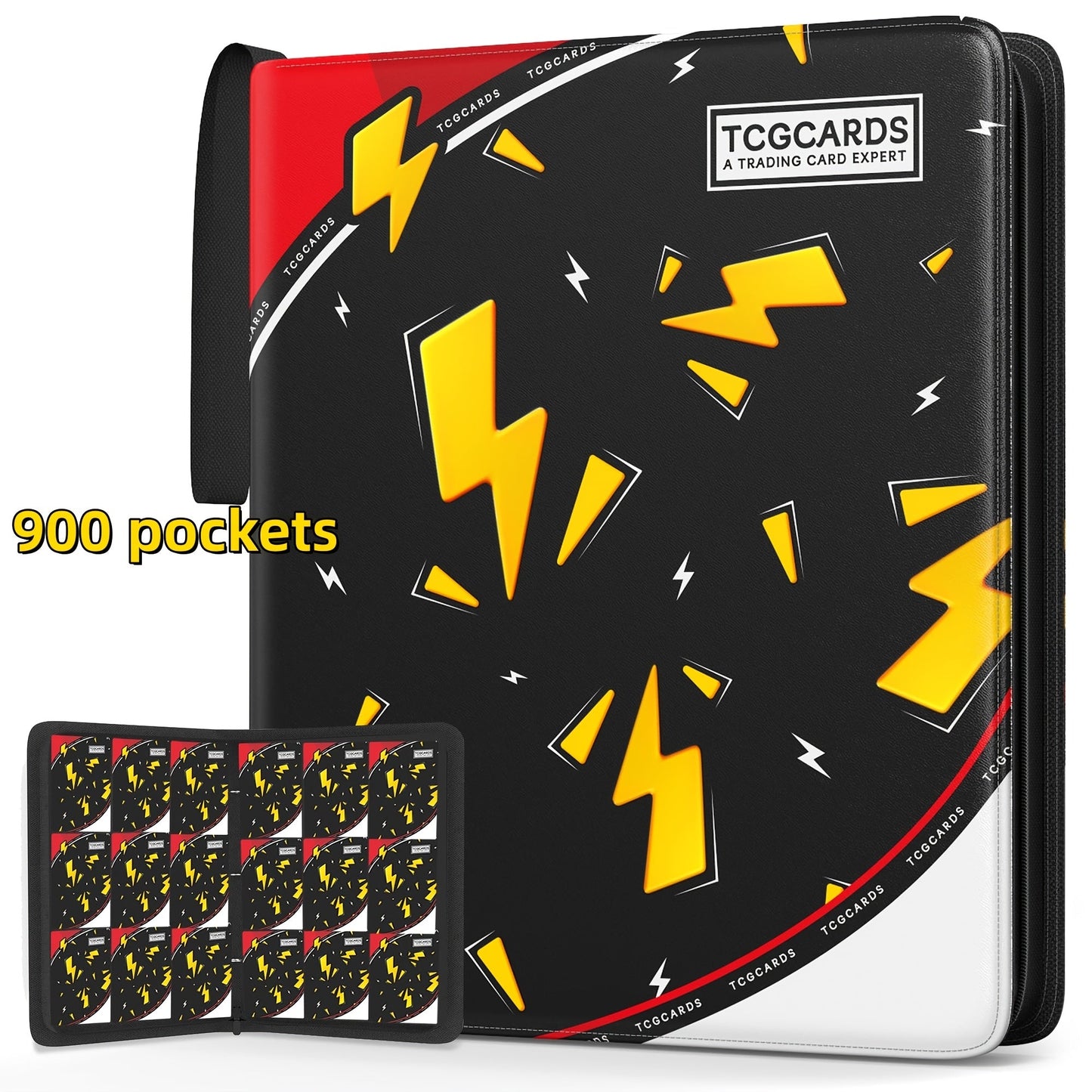 Trading Card Binder 900 Pockets with 50 Removable Sleeves – PU Leather Zipper Album for Pokemon MTG Sports YuGiOh Cards, 9-Pocket Side-Load Pages, Card Collector Storage Book for TCG Players