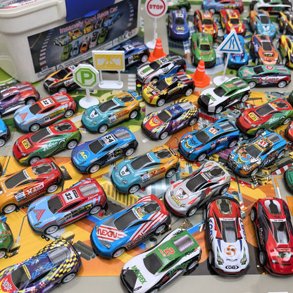 64 Pcs Pull Back Toy Car Set with City Map, Traffic Signs & Storage Box – 56 Mini Die-Cast Vehicles for Kids Boys Girls Ages 3+, Party Favors Birthday Christmas Gift