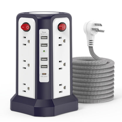 Power Strip Tower with 12–16 AC Outlets, 4 USB-A, PD 20W USB-C and 1500J Surge Protection for Home Office Charging