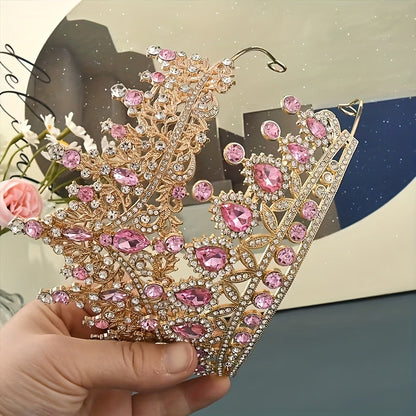 Pink Crystal-Look Crown and Tiara Two-Piece Costume Headwear Set with Hair Combs for Dress-Up