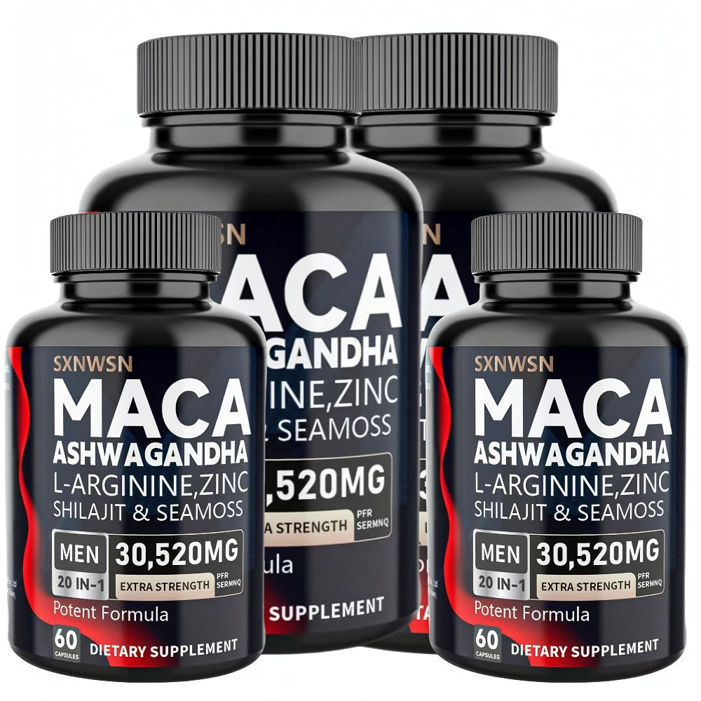 Dietary Supplement Capsules with SXNWSN Label, Sea Moss, Shilajit, Maca, L-Arginine and 60 or 120 Count