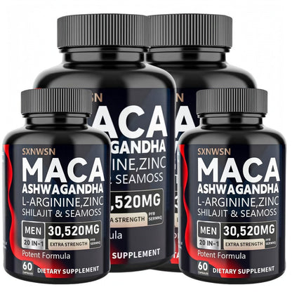 Dietary Supplement Capsules with SXNWSN Label, Sea Moss, Shilajit, Maca, L-Arginine and 60 or 120 Count