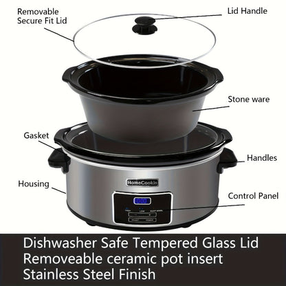 Slow Cooker 7.5 Quart Digital Programmable with Timer Ceramic Pot Stainless Steel Housing 3 Heat Settings Low High Keep Warm Large Capacity for Family Dinners Holiday Feasts Serves 10 Plus People
