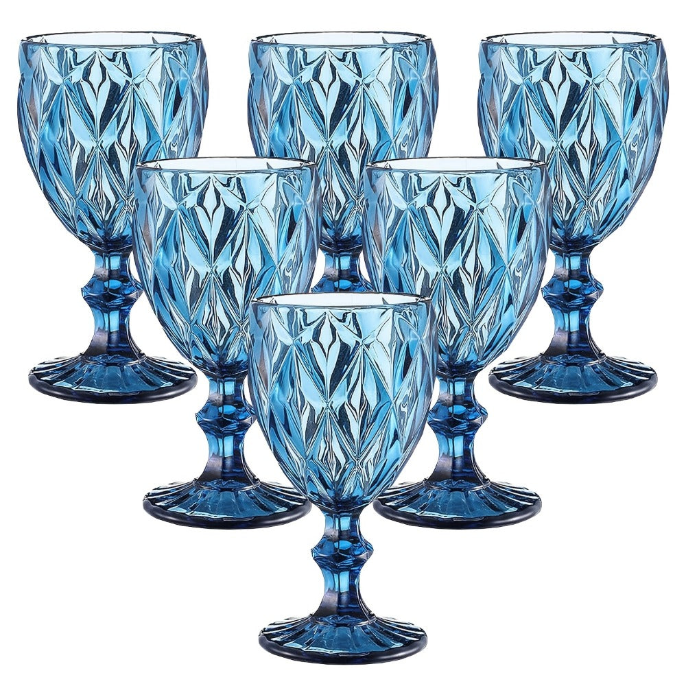 Six-Piece Diamond-Pattern Stemmed Wine Glass Set in Pink, Green or Blue Checkout Color Options