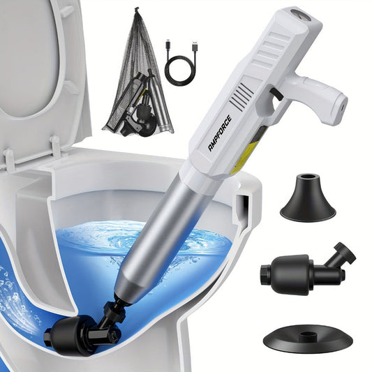 Electric Cordless Toilet Plunger 8V - High-Pressure Pneumatic Drain Opener with Real-Time Pressure Display, Professional Power Unclogger for Toilets Sinks Floor Drains, Mess-Free Reusable, White/Black
