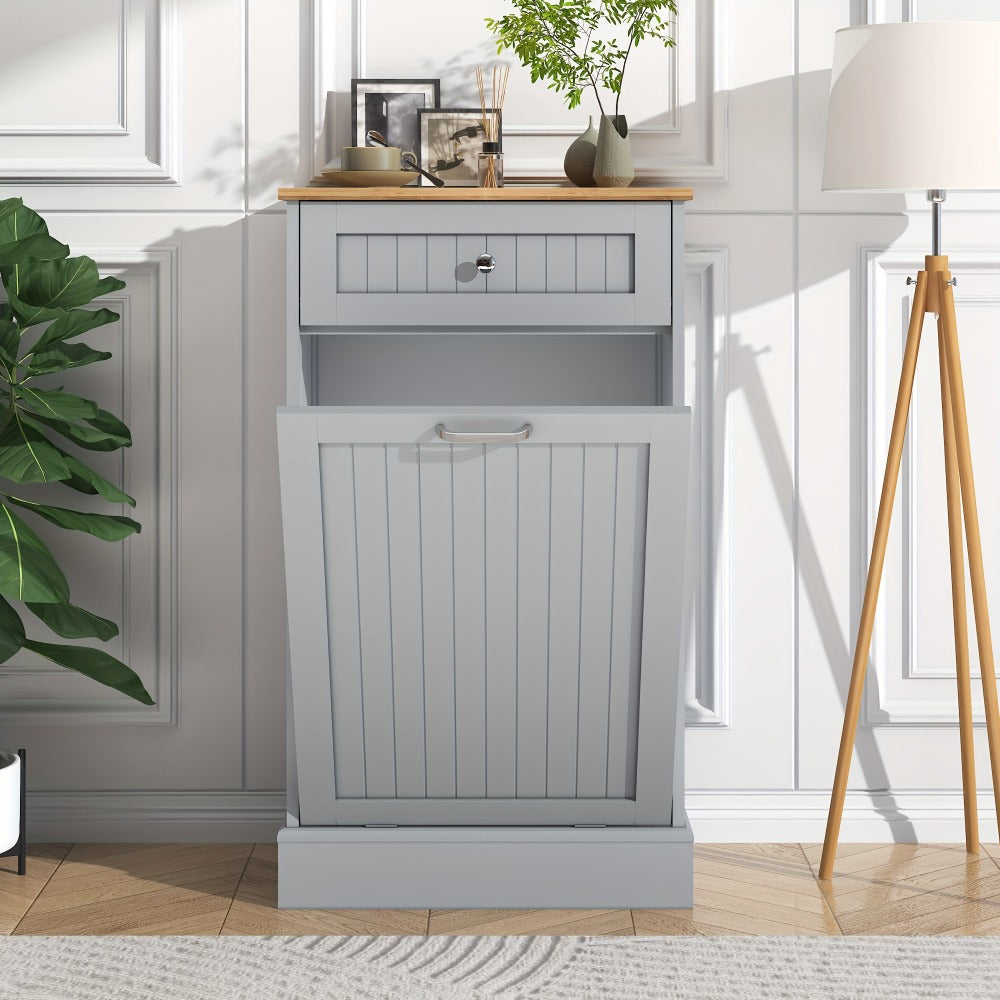 Tilt Out Trash Cabinet Freestanding Kitchen Garbage Cabinet with Cutting Board & Drawer – Wood Hideaway Recycling Station, Fits 10 Gal, Black/White