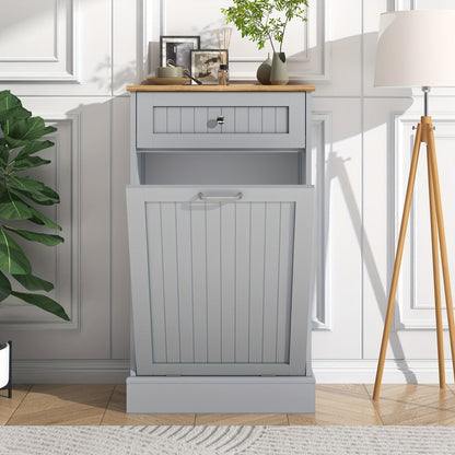 Tilt Out Trash Cabinet Freestanding Kitchen Garbage Cabinet with Cutting Board & Drawer – Wood Hideaway Recycling Station, Fits 10 Gal, Black/White