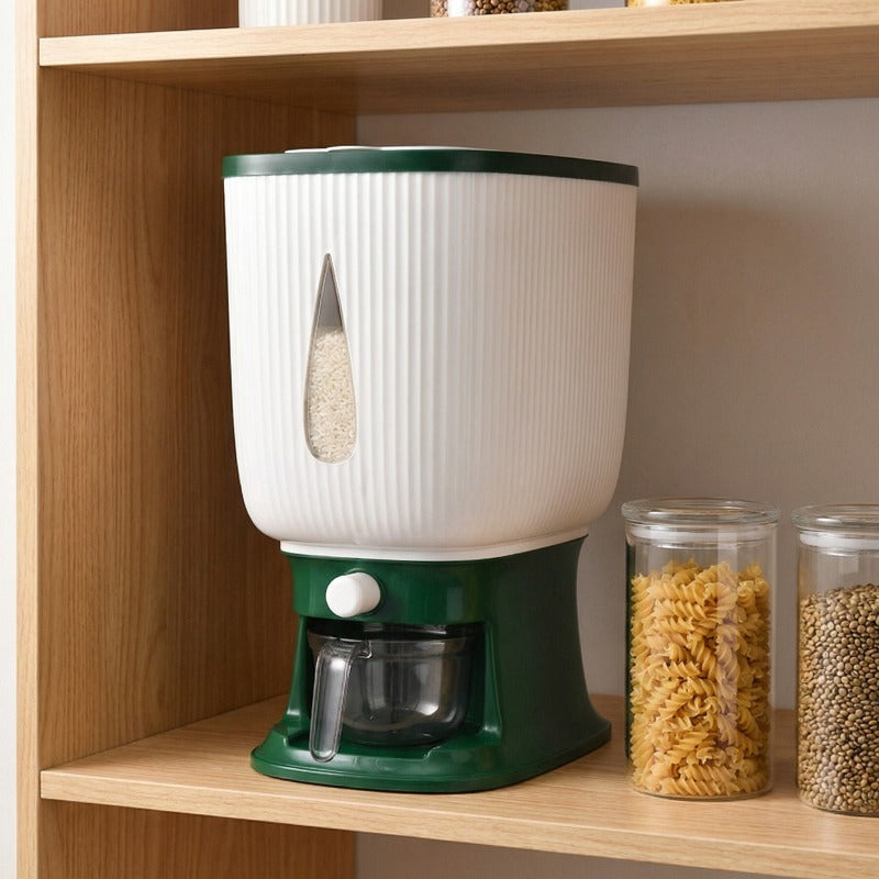 Rice Dispenser with Measuring Cup, 22LB Large Capacity 6-Chamber Sealed Grain Storage Container, Transparent Window, Moisture & Insect Resistant, One-Click Design for Rice Beans Flour Pet Food – Kitchen Cabinet Organizer