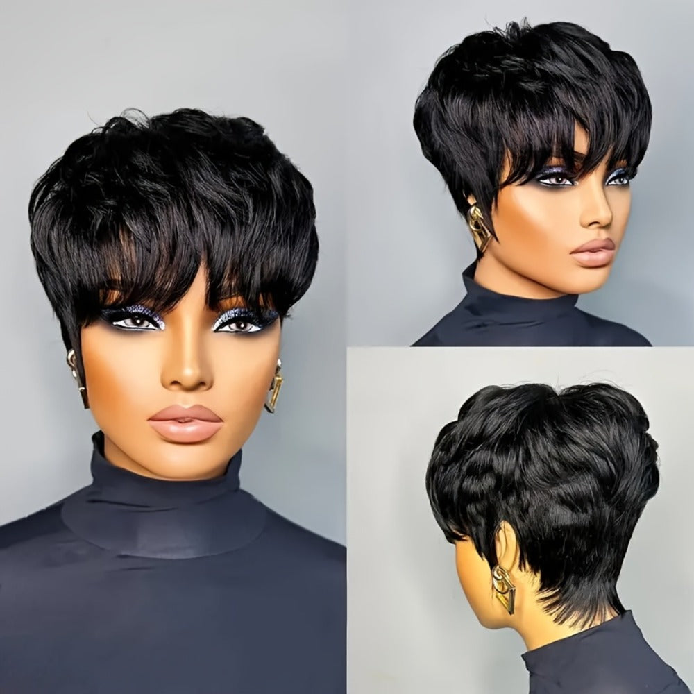 Human Hair Pixie Cut Wig with Bangs Glueless 180% Density Straight Black 6 Inch Rose Net Cap Machine Made Wig for African American Women