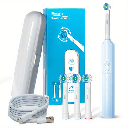 Electric Toothbrush Rechargeable 4 Brush Heads 3 Cleaning Modes Smart Timer IPX7 Waterproof USB Quick Charge 600mAh Round Head Adult Electric Toothbrush Blue