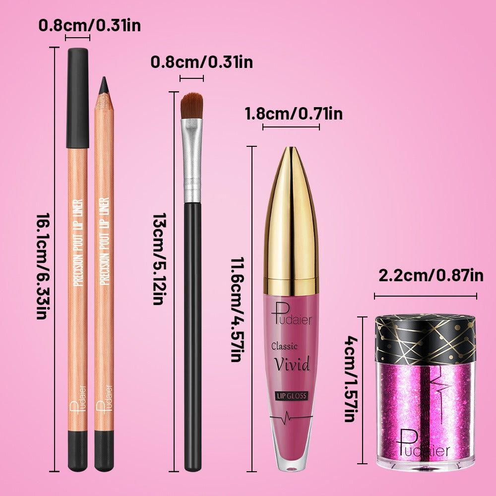 Metallic Glitter Lip Kit 4-Piece – Sparkling Lip Liner, High-Shine Lip Gloss, Chunky Glitter & Lip Brush Combo for Party, Festival, Rave & Holiday Makeup, Gift for Women