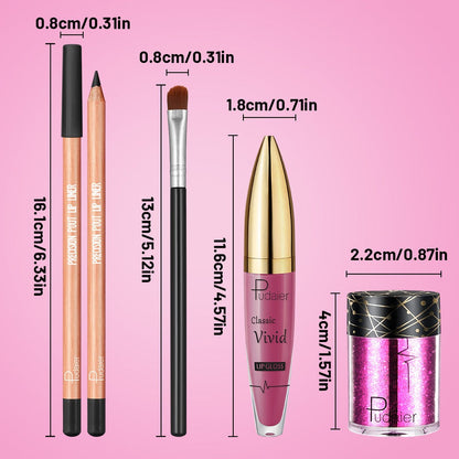 Metallic Glitter Lip Kit 4-Piece – Sparkling Lip Liner, High-Shine Lip Gloss, Chunky Glitter & Lip Brush Combo for Party, Festival, Rave & Holiday Makeup, Gift for Women