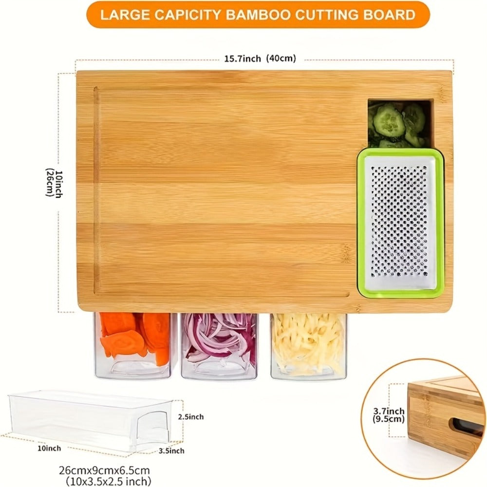 Cutting Board Bamboo Prep Station with Pull-Out Containers, Five Grater Inserts and Juice Channel