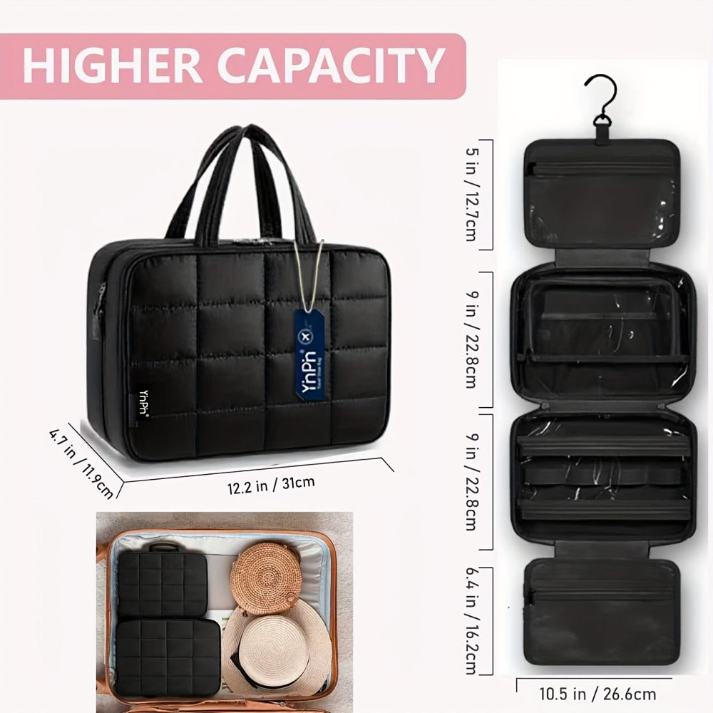 Hanging Travel Toiletry Bag Large Capacity for Full-Size Products Waterproof Cosmetic Organizer with Hook — Bathroom Makeup Travel Bag for Women Pink Beige Black