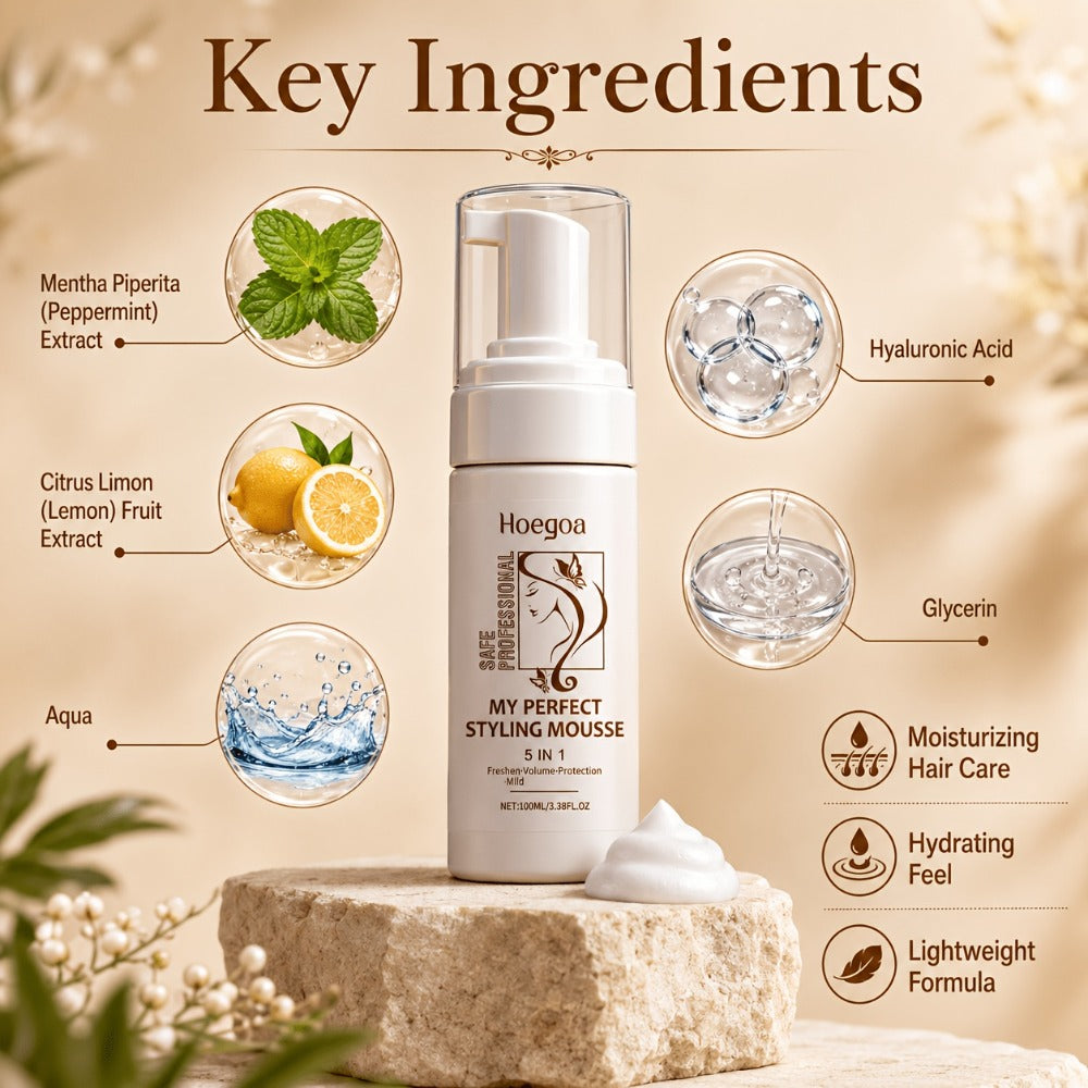 100 ml Hair Styling Mousse with Mint Extract and Hyaluronic Acid for Flexible Hold and Volume