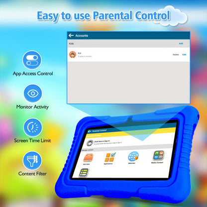Kids Tablet 7 Inch with Android, 2GB RAM, 16GB or 32GB Built-In Storage, Parental Controls and Silicone Case
