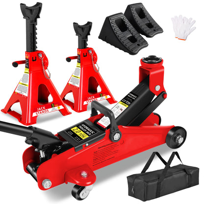 Hydraulic Floor Jack Kit 2/2.5/3 Ton Low Profile Trolley Jack with Jack Stands, Tire Repair Kit, Wheel Wrench & Wheel Chock Combo - Red/Blue