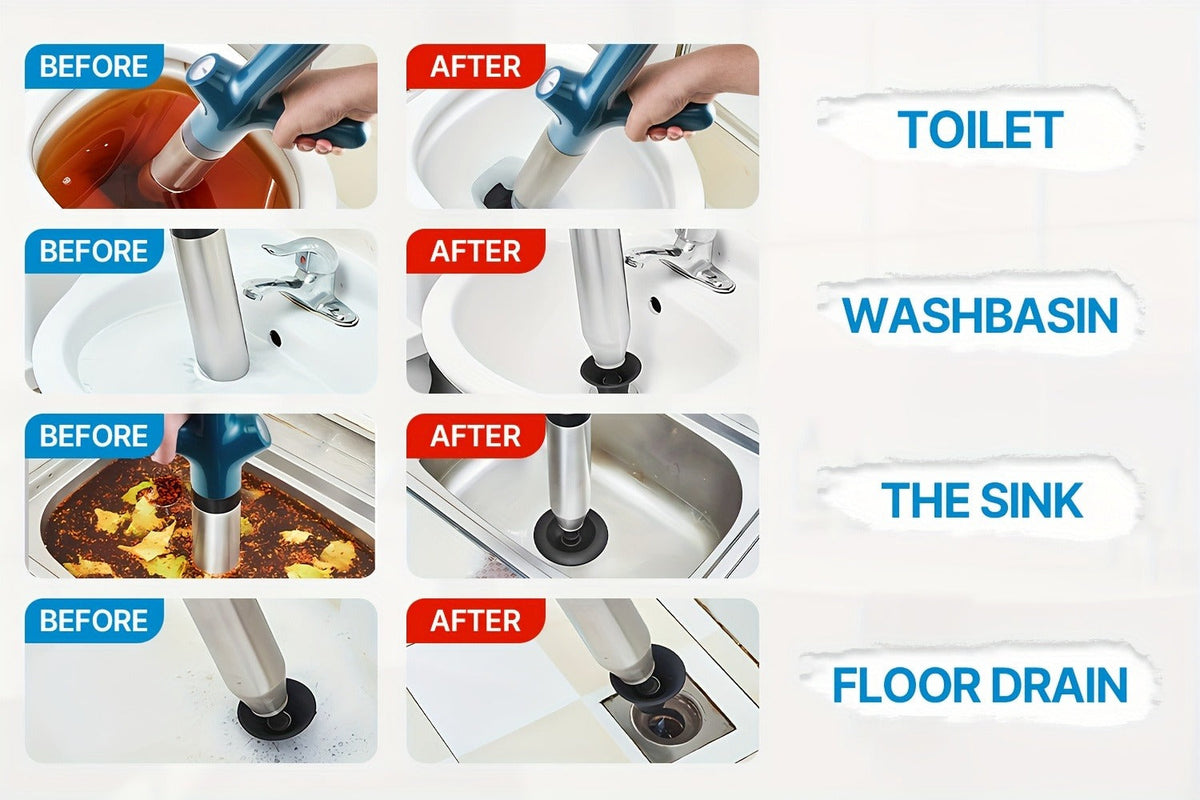 High-Pressure Air Drain Blaster with Real-Time Pressure Indicator - Stainless Steel Toilet Plunger & Sink Drain Unclogger