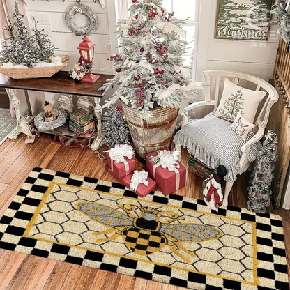 Bee Honeycomb Entryway Floor Mat with Black Check Border in Three Sizes from 15.74 x 23.62 to 17.71 x 47.24 Inches