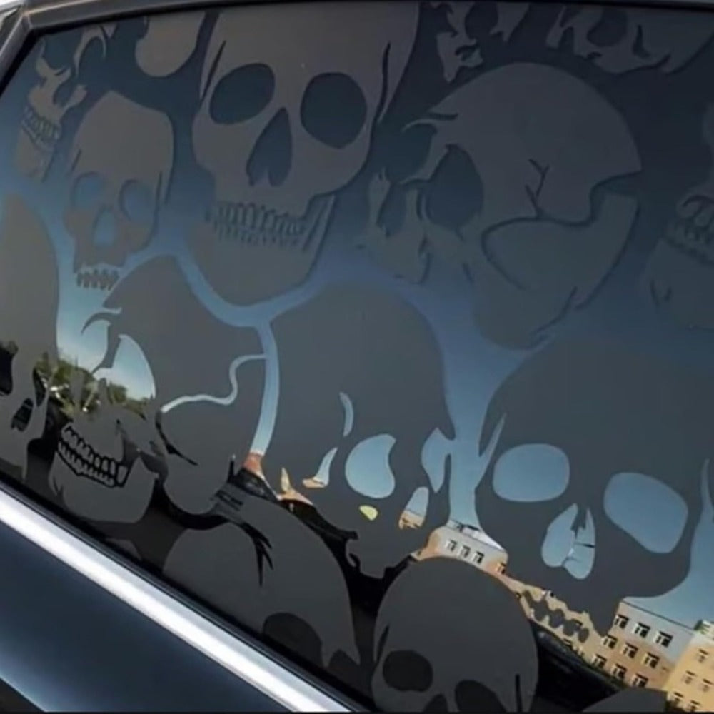 Car Window Decal Gothic Skull 2PCS Reflective Silver UV-Resistant Vinyl | Skeleton Sticker Full Cover Halloween Car Decoration Small 17x11in Large 21.6x17.7in Laptop Mirror Auto Styling
